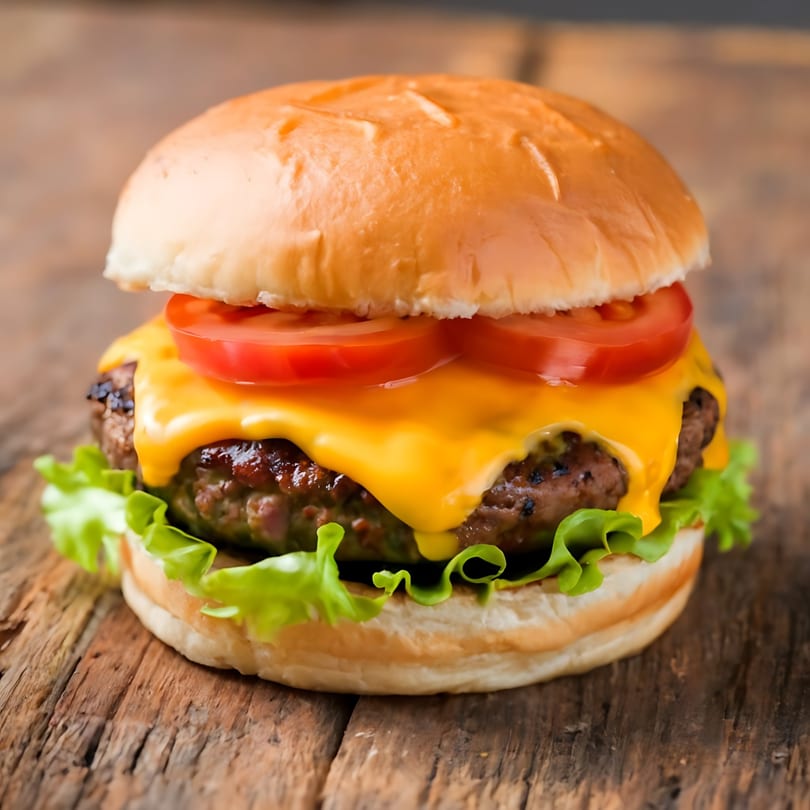 Cheeseburger with melted cheese, tomatoes, and lettuce on a wooden surface.
